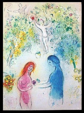 CHAGALL 1977 "DAPHNIS AND CHLOE" LITHOGRAPH: CHAGALL 1977 "DAPHNIS AND CHLOE" LITHOGRAPH - "DAPHNIS AND CHLOE" BY MARC CHAGALL FROM THE "DAPHNIS AND CHLOE" COLLECTION - PUBLISHED IN 1977 BY GEORGE BRAZILLER (BOOK PLATE) - APPROX. IMAGE SIZE: 9.5