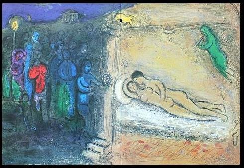 CHAGALL 1977 "DAPHNIS AND CHLOE" LITHOGRAPH: CHAGALL 1977 "DAPHNIS AND CHLOE" LITHOGRAPH - "THE WEDDING NIGHT" BY MARC CHAGALL FROM THE "DAPHNIS AND CHLOE" COLLECTION - PUBLISHED IN 1977 BY GEORGE BRAZILLER (BOOK PLATE) - APPROX. IMAGE SIZE: 18.
