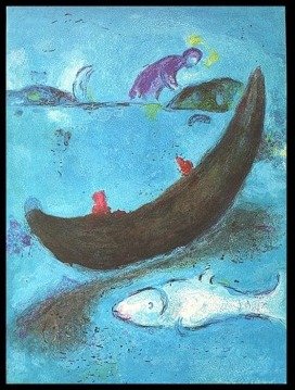 CHAGALL 1977 "DAPHNIS AND CHLOE" LITHOGRAPH: CHAGALL 1977 "DAPHNIS AND CHLOE" LITHOGRAPH - "THE DEAD DOLPHIN AND THE 300 CROWNS" BY MARC CHAGALL FROM THE "DAPHNIS AND CHLOE" COLLECTION - PUBLISHED IN 1977 BY GEORGE BRAZILLER (BOOK PLATE) - APPRO