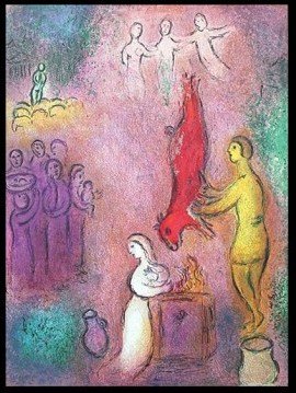 CHAGALL 1977 "DAPHNIS AND CHLOE" LITHOGRAPH: CHAGALL 1977 "DAPHNIS AND CHLOE" LITHOGRAPH - "THE SACRIFICE TO THE NYMPHS" BY MARC CHAGALL FROM THE "DAPHNIS AND CHLOE" COLLECTION - PUBLISHED IN 1977 BY GEORGE BRAZILLER (BOOK PLATE) - APPROX. IMAGE