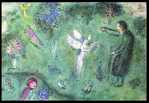 CHAGALL 1977 "DAPHNIS AND CHLOE" LITHOGRAPH: CHAGALL 1977 "DAPHNIS AND CHLOE" LITHOGRAPH - "PHILETAS AND HIS ORCHARD" BY MARC CHAGALL FROM THE "DAPHNIS AND CHLOE" COLLECTION - PUBLISHED IN 1977 BY GEORGE BRAZILLER (BOOK PLATE) - APPROX. IMAGE SI