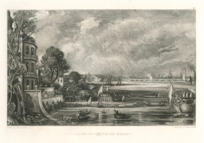 SIR JOHN CONSTABLE / DAVID LUCAS MEZZOTINT: SIR JOHN CONSTABLE / DAVID LUCAS MEZZOTINT "OPENING OF WATERLOO BRIDGE" - THIS BEAUTIFUL MEZZOTINT ENGRAVING WAS COMPOSED BY JOHN CONSTABLE AND ENGRAVED BY DAVID LUCAS - IT IS FROM THE MUCH SOUGHT - A