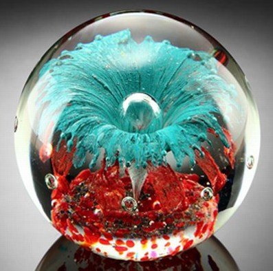 ART GLASS SPHERE / PAPERWEIGHT: TEAL / RED - ART GLASS SPHERE / PAPERWEIGHT - HAND CRAFTED - EACH PIECE IS MADE BY HAND THEREFOR THERE MAY BE SLIGHT VARIATIONS WITHIN EACH INDIVIDUAL PIECE - 5" DIAMETER