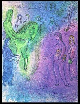 CHAGALL 1977 "DAPHNIS AND CHLOE" LITHOGRAPH: CHAGALL 1977 "DAPHNIS AND CHLOE" LITHOGRAPH - "THE ARRIVAL OF DIONYSOPHANES" BY MARC CHAGALL FROM THE "DAPHNIS AND CHLOE" COLLECTION - PUBLISHED IN 1977 BY GEORGE BRAZILLER (BOOK PLATE) - APPROX. IMAG