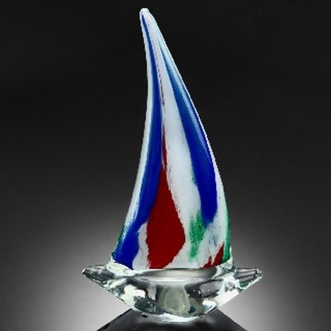 ART GLASS SAILBOAT: ART GLASS RED, WHITE & BLUE SAILBOAT - 8.5"H X 5"W X 2.5"D - HAND CRAFTED