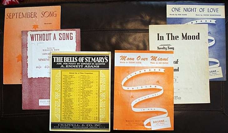 LOT OF PRE-1940'S SHEET MUSIC: LOT OF PRE-1940'S SHEET MUSIC - LOT INCLUDES "THE BELLS OF ST. MARY'S" ARRANGEMENT BY EDWARD ST. QUENTIN (1919), "IN THE MOOD" RAZAF/GARLAND (1939), "MOON OVER MIAMI" LESLIE/BURKE (1935), "WITHOUT A S