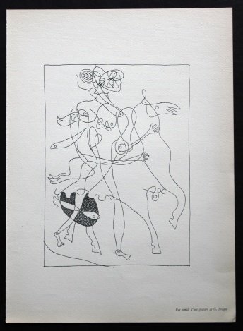 BRAQUE ORIGINAL LITHOGRAPH 1954: GEORGES BRAQUE ORIGINAL LITHOGRAPH ON WOVE PAPER - EXECUTED FOR DERRIÈRE LE MIROIR (NO. 71-72) IN 1954 - PUBLISHED BY IN PARIS BY THE MAEGHT ATELIER - PAGE SIZE 15" X 11" (380 X 280 MM) - UNFRAMED