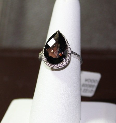 SMOKEY TOPAZ & DIAMOND STERLING RING: SMOKEY TOPAZ & DIAMOND STERLING SILVER RING - .925 STERLING - 4.87CT SMOKEY TOPAZ