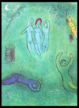 CHAGALL 1977 "DAPHNIS AND CHLOE" LITHOGRAPH: CHAGALL 1977 "DAPHNIS AND CHLOE" LITHOGRAPH - "THE DREAM OF DAPHNIS: THE THREE NYMPHS" BY MARC CHAGALL FROM THE "DAPHNIS AND CHLOE" COLLECTION - PUBLISHED IN 1977 BY GEORGE BRAZILLER (BOOK PLATE) - AP
