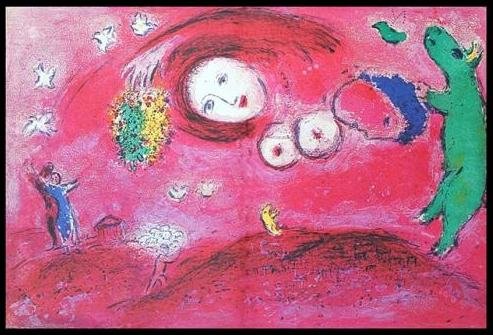 CHAGALL 1977 "DAPHNIS AND CHLOE" LITHOGRAPH: CHAGALL 1977 "DAPHNIS AND CHLOE" LITHOGRAPH - "SPRINGTIME IN THE MEADOW" BY MARC CHAGALL FROM THE "DAPHNIS AND CHLOE" COLLECTION - PUBLISHED IN 1977 BY GEORGE BRAZILLER (BOOK PLATE) - APPROX. IMAGE SI