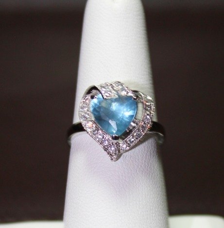 2.5CT BLUE TOPAZ & DIAMOND STERLING RING: 2.5CT BLUE TOPAZ HEART AND DIAMOND STERLING RING. FACETED HEART CUT BLUE TOPAZ AND ROUND CUT DIAMONDS - .925 STERLING SILVER