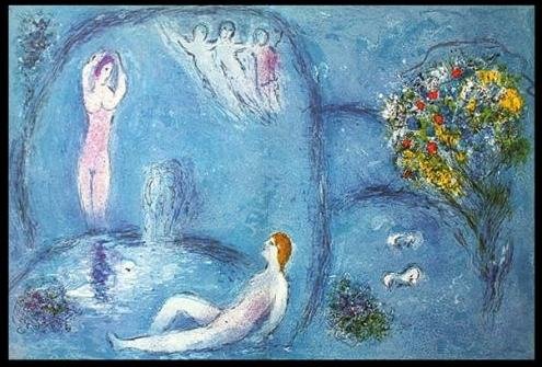 CHAGALL 1977 "DAPHNIS AND CHLOE" LITHOGRAPH: CHAGALL 1977 "DAPHNIS AND CHLOE" LITHOGRAPH - "DAPHNIS AND CHLOE IN THE CAVE OF THE NYMPHS" BY MARC CHAGALL FROM THE "DAPHNIS AND CHLOE" COLLECTION - PUBLISHED IN 1977 BY GEORGE BRAZILLER (BOOK PLATE)