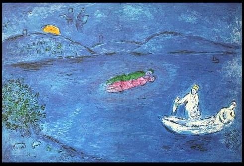 CHAGALL 1977 "DAPHNIS AND CHLOE" LITHOGRAPH: CHAGALL 1977 "DAPHNIS AND CHLOE" LITHOGRAPH - "ECHO" BY MARC CHAGALL FROM THE "DAPHNIS AND CHLOE" COLLECTION - PUBLISHED IN 1977 BY GEORGE BRAZILLER (BOOK PLATE) - APPROX. IMAGE SIZE: 18.5 X 12.75 - U