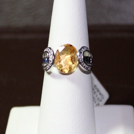 CITRINE, SAPPHIRE & DIAMOND STERLING RING: CITRINE, SAPPHIRE & DIAMOND STERLING SILVER RING - .925 STERLING - 3.2CT CITRINE WITH .25TCW SAPPHIRE