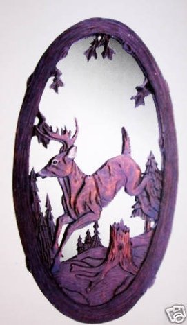 "JUMPING DEER" - HAND CARVED WOOD MIRROR: "JUMPING DEER" - 27X47- HAND CARVED - HAND STAINED - MADE OF MANY DIFFERENT HIGH QUALITY WOODS - WELL MAINTAINED - QUALITY