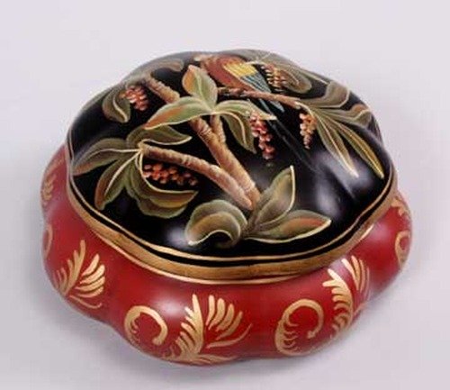 PORCELAIN LIDDED BOX WITH PARRROT: PORCELAIN LIDDED BOX WITH PARRROT - 8"W X 8"D X 4"H