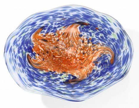 ART GLASS BOWL - UNIQUELY HAND CRAFTED: ART GLASS BOWL - UNIQUELY HAND CRAFTED - 3.5"H x 15.5" DIAMETER - BLUE & RED/ORANGE TONES