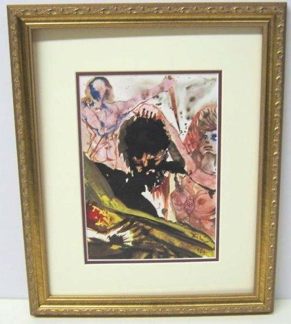 DALI 1964 VINTAGE BIBLE LITHOGRAPH: SALVADOR DALI 1964 VINTAGE BIBLE LITHOGRAPH - MARK 6:28 "THE MAN WENT OFF AND BEHEADED HIM IN PRISON THEN HE BROUGHT THE HEAD ON A DISH AND GAVE IT TO THE GIRL" - PRINTED IN ITALY - SIGNED IN THE PLAT