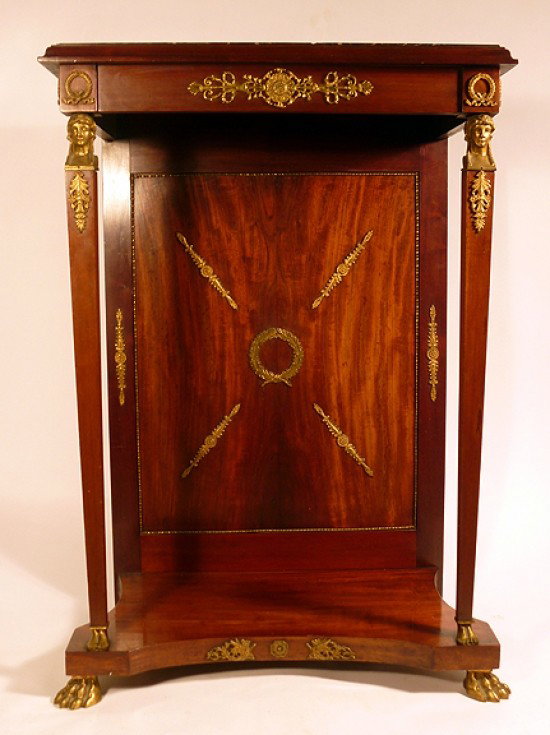 FRENCH EMPIRE MARBLE TOP ORMOLU CONSOLE: Mahogany Ormolu mounted Console with marble top. H 36 1/2", W 25", D 17"
