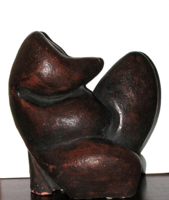BIOMORPHIC MID CENTURY SCULPTURE IN THE MANNER OF ARCHI:  Mid century Bio morphic sculpture in the manner of Archipenko. The pottery sculpture takes on a cubist form of the female figure. Terra cotta. H 13.5"
