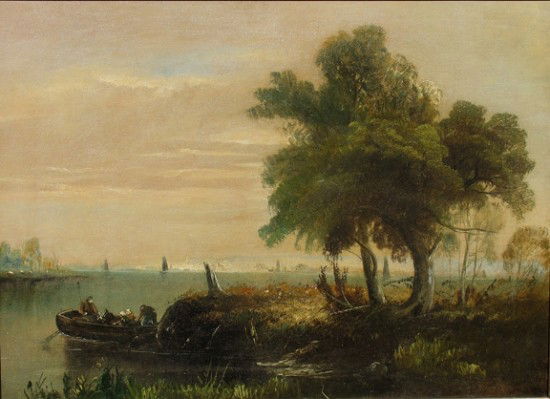 WILLIAM GUY WALL (American, 1792-1864): WILLIAM GUY WALL, (1792-1864) AMERICAN OIL ON CANVAS "HUDSON RIVER LANDSCAPE WITH FISHERMAN" WILLIAM GUY WALL WAS A KEY FIGURE IN HUDSON RIVER STYLE LANDSCAPES AND A FOUNDI