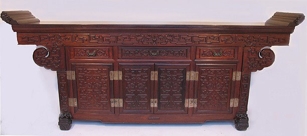 EXCEPTIONAL CHINESE MING STYLE ALTAR COFFER TABLE, HONG:  An Exceptional and large Ming Style Chinese Altar Coffer. Hongmu and Huanguali. Late 19th Early 20th. A THREE-DRAWER MING-STYLE HONGMU ALTAR COFFER. The s