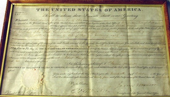 JAMES MONROE PRESIDENTIAL LAND GRANT:  Presidential Land Grant given to Robert harrison Preble County Indiana by President James Monroe. Dated and Signed by James Monroe 20th of October 1824. Measures 8 7/8" by 14 3/