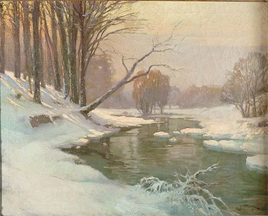 Joseph Tomanek (American 1889-1974): Joseph Tomanek (American 1889-1974)Oil on Canvas 20 X 24 Winter Stream Signed lower Right Excellent Condition