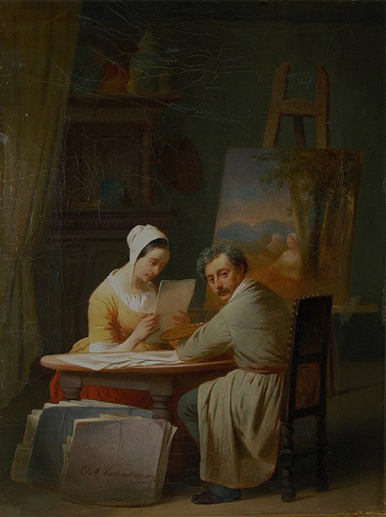 CHARLES VENNEMAN (1802-1875) FLEMISH, OIL ON CANVAS: Self Portrait Working at Home An important work by the artist. Self Portrait at his table with his wife. Portfolio at his side and a picture on his easel. Oil on Canvas. 10.25 x 13.5 inches.