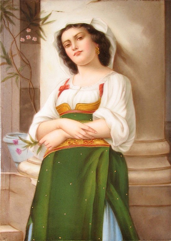 A FINE GERMAN PORCELAIN PLAQUE, KPM STYLE, HAND PAINTED:  A fine German Hand Painted Porcelain Plaque, Circa 1900. Measures 4 1/8" by 6". Excellent condition. Unframed.