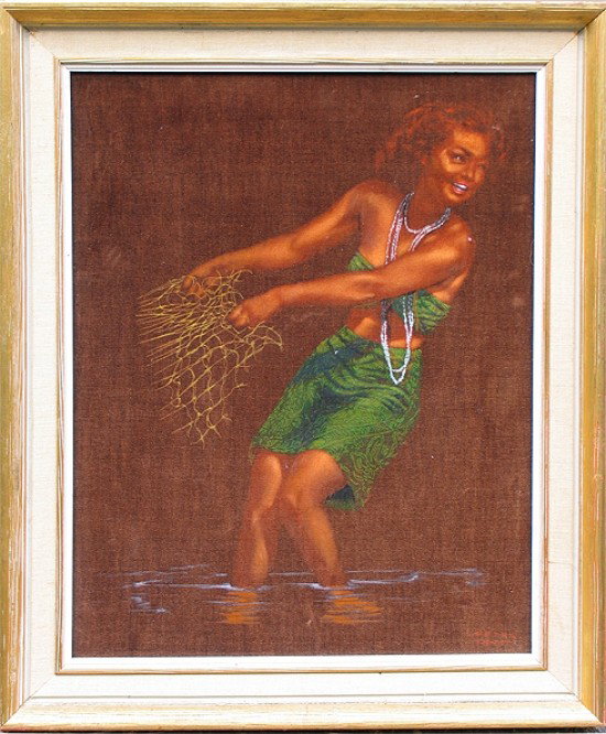 EDGAR LEETEG (1904-1953) TAHITI, HAWAII, "Hukilau": EDGAR LEETEG (1904-1953) United States, Tahiti. Purchased in the 50's. Oil on Velvet. Signed lower right. "Hukilau" or "Young Girl pulling in the net