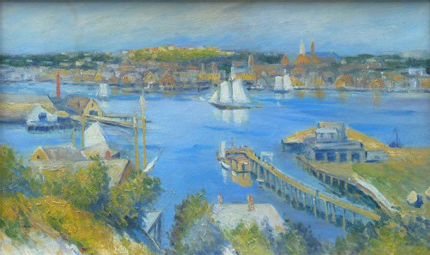 American School after Willard Leroy Metcalf o/c: American school after Willard Leroy Metcalf. 7 1/2 x 12 "Gloucester Harbor" Clean stable condition