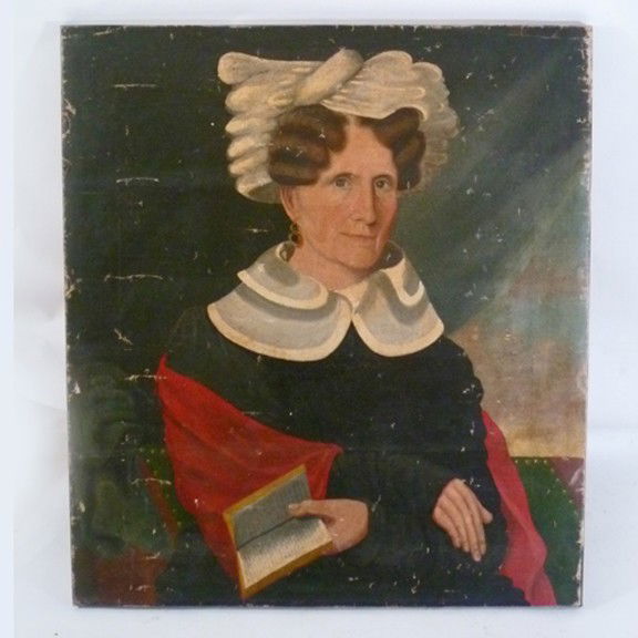 American School Folk Art Painting attributed to Amm: American School folk art portrait attributed to Ammi Phillips. Recently discovered in a prominent New York estate. The work was rolled and stored un-stretched. The temporary stretcher was added to hel