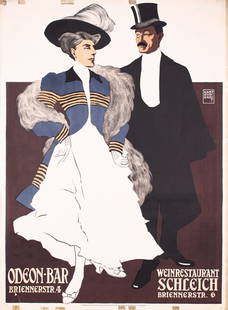 ORIGINAL POSTER Odeon Bar ERDT 1907: Erdt, Hans Rudi 1883 - 1925Odeon Bar - Weinrestaurant SchleichLithograph 190749.2 x 35.8 in. (125 x 91 cm)(B+) slight horiz. fold crease, small tears and tape stains at the edges, left edge