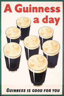 ORIGINAL 1930s Guinness A Day Poster: Anonymous - Great BritainA Guinness A DayOffset approx. 193859.8 x 40.1 in. (152 x 102 cm)(B+) was folded horiz., tears (up to 4 in./10 cm) at the edges, small paper losses in the margins, minor