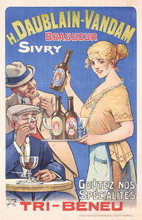 ORIGINAL French Beer Poster 1920s: Signature illegibleH. Daublain-Vandam - Tri-BeneuLithograph 192238.9 x 24.8 in. (99 x 63 cm)(B+) on linen, minor tears and creasing and staining, needle holes in the margins, small repaired paper