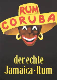 Original 1950s Poster Jamaica Rum Coruba: Anonymous - GermanyRum Coruba - der echte Jamaica-RumOffset 195346.8 x 33 in. (119 x 84 cm)(A-) tiny tears, PS and minimal browning from tape at the right edgeEstimate: $400Reserve: $240