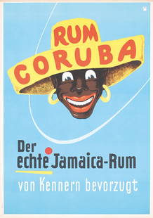 Original 1950s Poster Jamaica Rum Coruba: Anonymous - GermanyRum Coruba - Der echte Jamaica-RumOffset 195633 x 23.2 in. (84 x 59 cm)(A-) PS and browning from tape at the topEstimate: $400Reserve: $240