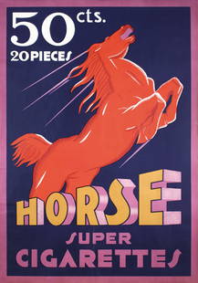 Original Horse Super Cigarettes Poster 1930s: Anonymous - SwitzerlandHorse - Super CigarettesLithograph 193349.9 x 35 in. (127 x 89 cm)(B+) on Japan, repaired 10 in./25 cm and 3 in./8 cm tears at the bottom edgeEstimate: $500Reserve: $300