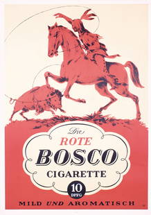 Original Poster Rote Bosco Cigarette Indian: BerretzDie Rote Bosco CigaretteLithograph approx. 193048 x 33.8 in. (122 x 86 cm)(A-/B+) was folded, small tears at the edgesEstimate: $500Reserve: $280