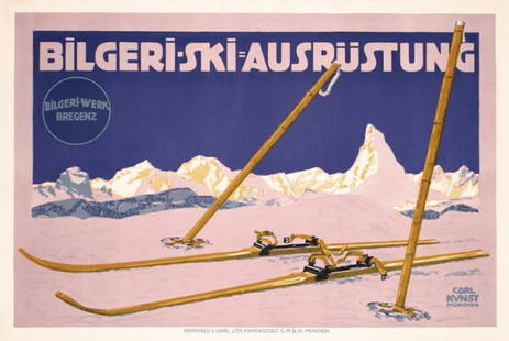 Original Bilgeri Ski Poster 1910s: Kunst, Carl 1884 - 1912Bilgeri - Ski-AusrüstungLithograph approx. 191020 x 29.9 in. (51 x 76 cm)Condition / Description: (A) minimal creasing in the marginsEstimate: $600Reserve: $360