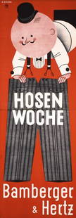 Old Original Bamberger Clothing Poster 1930: Ehlers, Henry 1897 -Bamberger & Hertz - HosenwocheOffset 193266.5 x 23.2 in. (169 x 59 cm)Condition / Description: (B+/A-) in two sheets, small tears at the edges, PS and minor browning from tape at