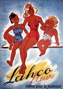 Original SWISS Poster Bathing Suits 1940s: Monogr. IMKLahco fleurLithograph 194450.3 x 35.4 in. (128 x 90 cm)Condition / Description: (A-) tiny tears at the edges, one tiny loss at the bottom edgeEstimate: $400Reserve: $240