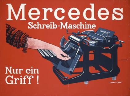 Old Original Poster Mercedes Typewriter 1910: Lindenstaedt, Hans 1874 - 1928Mercedes Schreib-MaschineLithograph 191027.5 x 37.4 in. (70 x 95 cm)Condition / Description: (B+) tears up to 4.5 in./12 cm and small paper losses at the edges, tiny