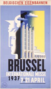 Original Brussels Fair Poster 1930s: Marfurt, Leo 1894 - 1977Brüssel - Internationale MesseLithograph 193742.1 x 24 in. (107 x 61 cm)Condition / Description: (B+) was folded, on linen (old), small tears (up to 4 in./10 cm) at the