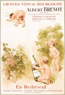 Original 1920s French Wine Champagne Poster: Anonymous - FranceGrands Vins de Bourgogne - Albert BrenotLetterpress Print approx. 192816.9 x 11.4 in. (43 x 29 cm)Printer: no informationCondition / Description: (A-/B+) on linen, white margins