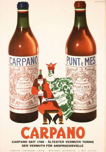 Original Poster Carpano Vermouth 1950s: Testa, Armando 1917 - 1992CarpanoOffset 195746.4 x 32.6 in. (118 x 83 cm)Printer: Pirovano, MilanoCondition / Description: (B+) small tears at the edges, minor staining at the top, PS and browning