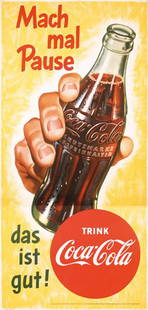 Old 1950s Coca Cola Poster Plakat: Anonymous - GermanyCoca-Cola - Mach mal PauseOffset 195669.2 x 23.2 in. (176 x 59 cm)Printer: StallingdruckCondition / Description: (A) in two sheets, PS and slight browning from tape at the right