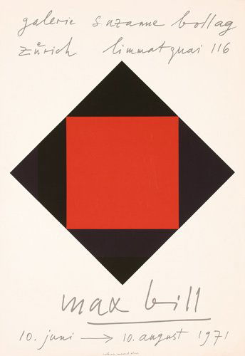 Original 1970s Max Bill Poster: Bill, Max 1908 - 1994Galerie Suzanne BollagSilkscreen 197127.5 x 18.8 in. (70 x 48 cm)Printer: Rackstuhl, ZürichCondition / Description: (A-) tiny tears and minimal creases at the edges, slight scrat