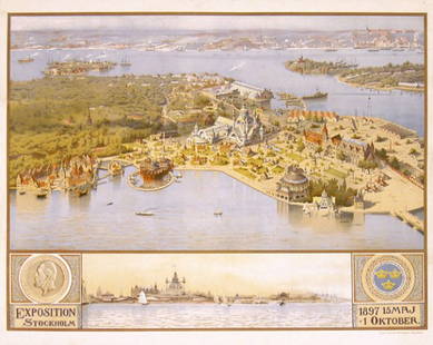 ORIGINAL 1890s Stockholm Expo Poster STUNNING: Anonymous - SwedenExposition StockholmLithograph 189724.8 x 30.7 in. (63 x 78 cm)Printer: Iduns Tryckeri Aktiebolag, StockholmCondition Details: (A-) on Japan, small tears and minimal scratches at